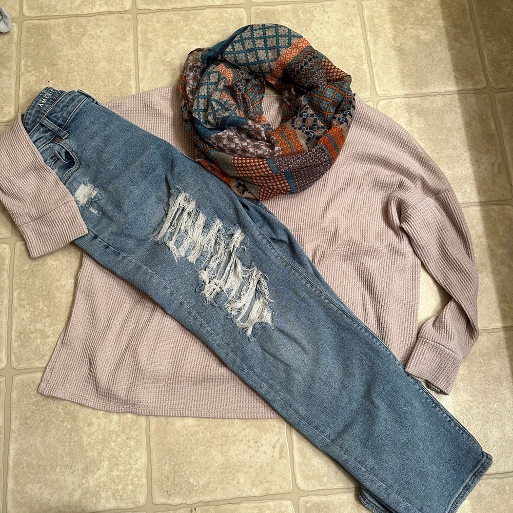 AE mom jeans light wash & distressed. Thermal & scarf also posted